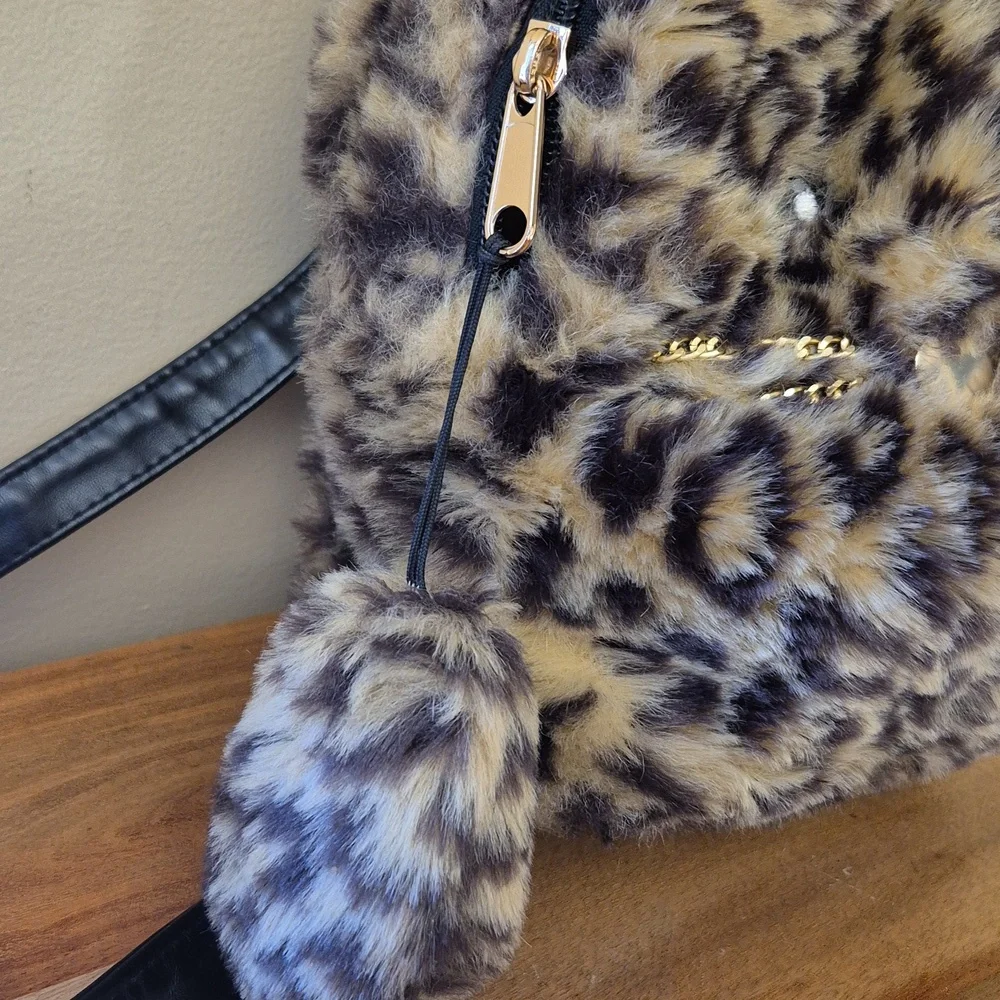 Children's Place Cat Face Leopard Print Faux Fur Mini Backpack